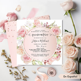 , spanska, Rosa, Ro Guld Blommigt Quinceanera Inbjudningar