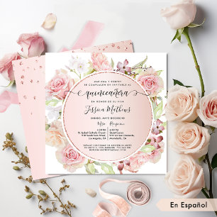, spanska, Rosa, Ro Guld Blommigt Quinceanera Inbjudningar