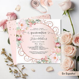 Spanska, Rosa, Ro Guld, Blommigten Quinceanera Inbjudningar