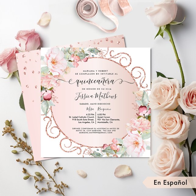 Spanska, Rosa, Ro Guld,  Blommigten Quinceanera Inbjudningar (Skapare uppladdad)