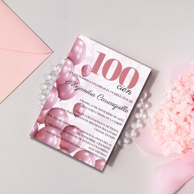 Spanska Rosa Rodnad Blommiga Ballonger 100-årsdag Inbjudningar (Skapare uppladdad)