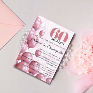 Spanska Rosa Rodnad Blommiga Ballonger 60-års Föde Inbjudningar