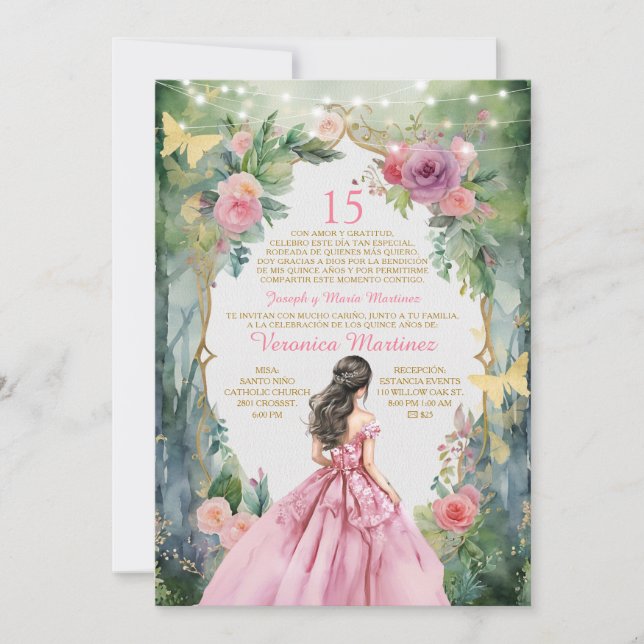 Spanska  Rosan Princess Dress Forest 15 Años Inbjudningar (Framsida)