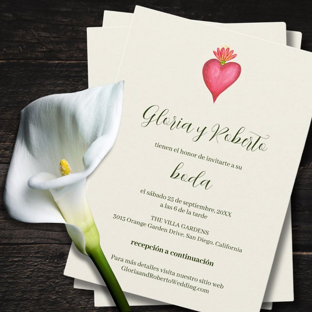 Spanska, rött hjärta och blommor, mexikanska Bröll Inbjudningar (Skapare uppladdad)