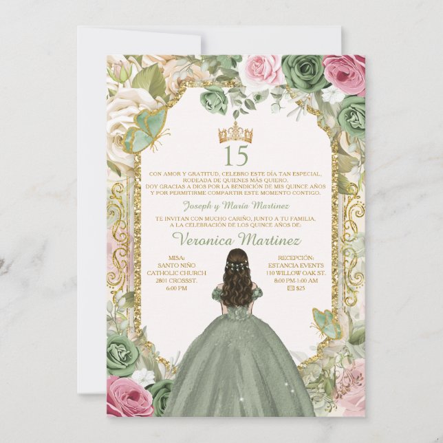 Spanska Sage Rosa & Guld 15 Años Princess Birthday Inbjudningar (Framsida)
