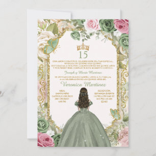 Spanska Sage Rosa & Guld 15 Años Princess Birthday Inbjudningar