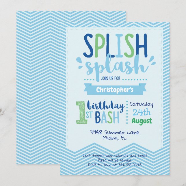 Spanska Stänk Bassäng Party 1:a födelsedagsinbjuda Inbjudningar (Fram/baksida)