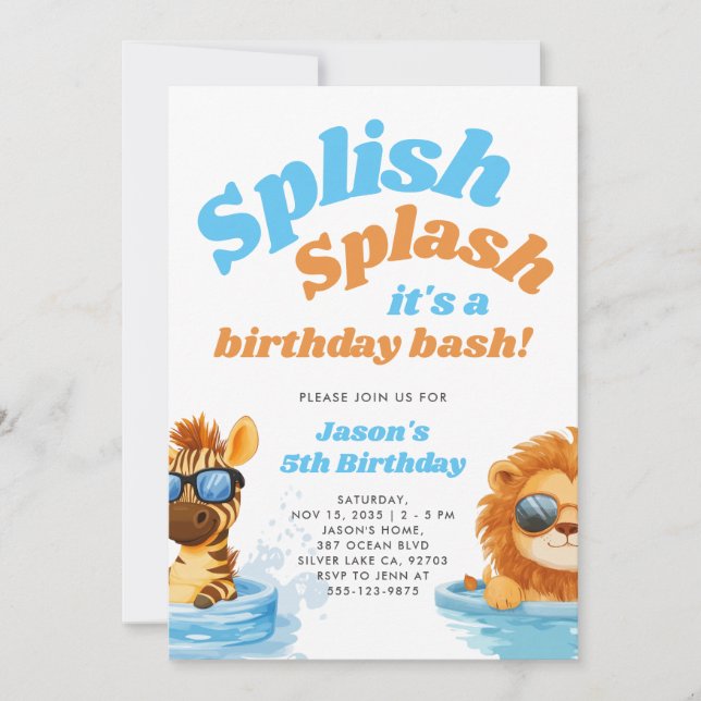 Spanska Stänk Bassäng Party Boy Birthday Inbjudningar (Framsida)