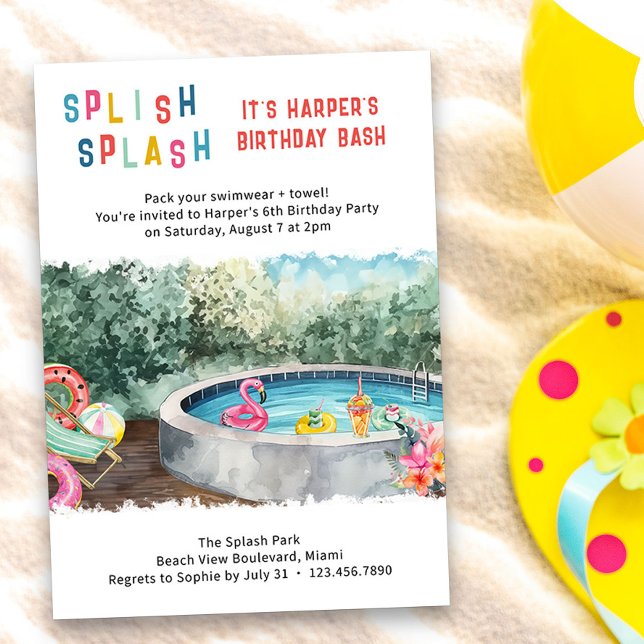 Spanska Stänk Birthday Bash Kids Vatten Party Inbjudningar (Splish Splash Birthday Bash kids invitation - perfect for waterpark, splash park, pool party etc)