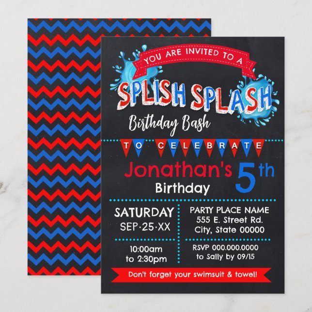 Spanska Stänk Birthday Bash Rött vitt blått Inbjudningar (Fram/baksida)