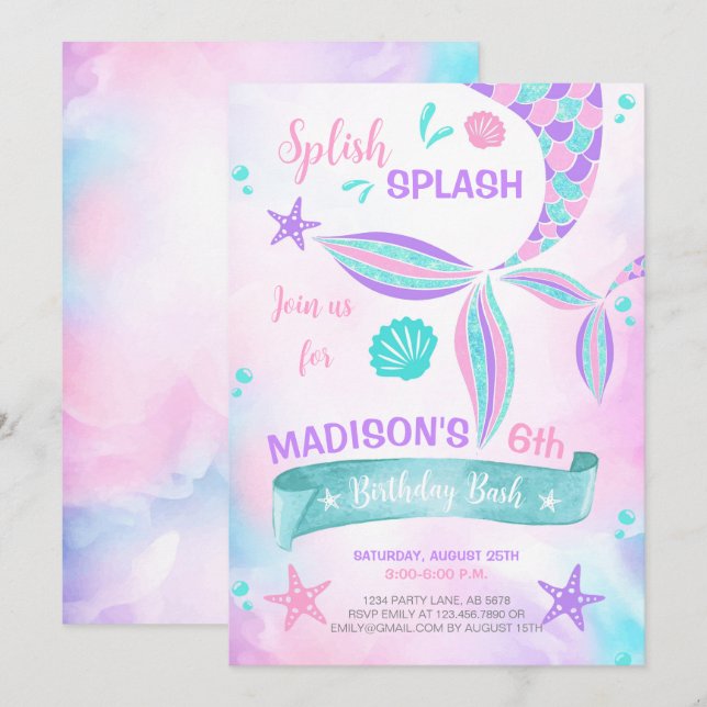 Spanska Stänk Sjöjungfru Birthday Inbjudningar (Fram/baksida)