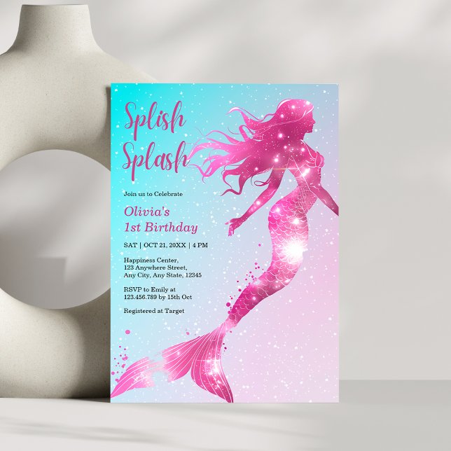 Spanska Stänk Sjöjungfru Flicka 1:a födelsedag Inbjudningar (Splish Splash Mermaid Baby Girl 1st Birthday Invitation )