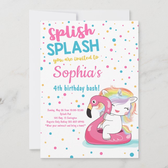 Spanska Stänk Unicorn Bash Bassäng Girl Birdday Inbjudningar (Framsida)