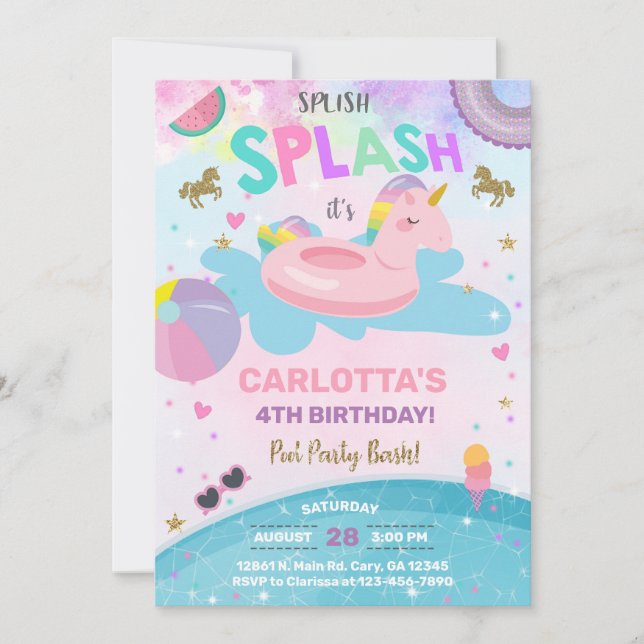 Spanska stänk Unicorn bassäng party inbjudan. Inbjudningar (Framsida)