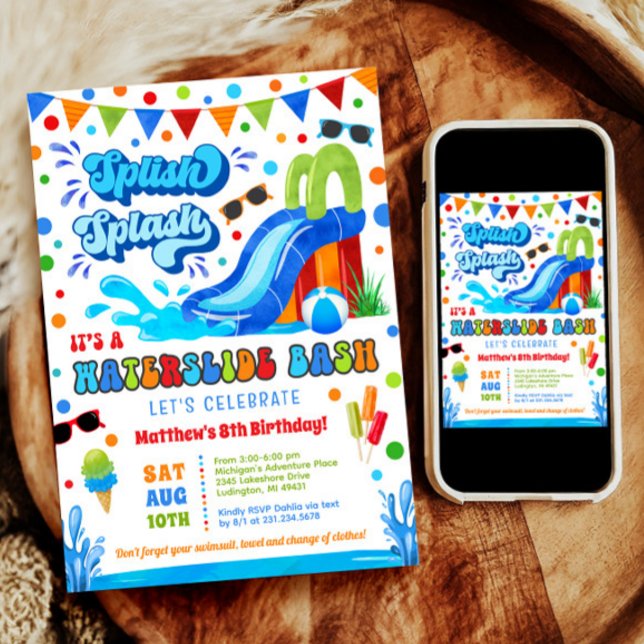 Spanska Stänk Waterdiag Bash Boy Birthday Inbjudningar (Splish Splash Waterslide Bash Boy Birthday Invitation)