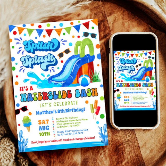 Spanska Stänk Waterdiag Bash Boy Birthday Inbjudningar (Splish Splash Waterslide Bash Boy Birthday Invitation)