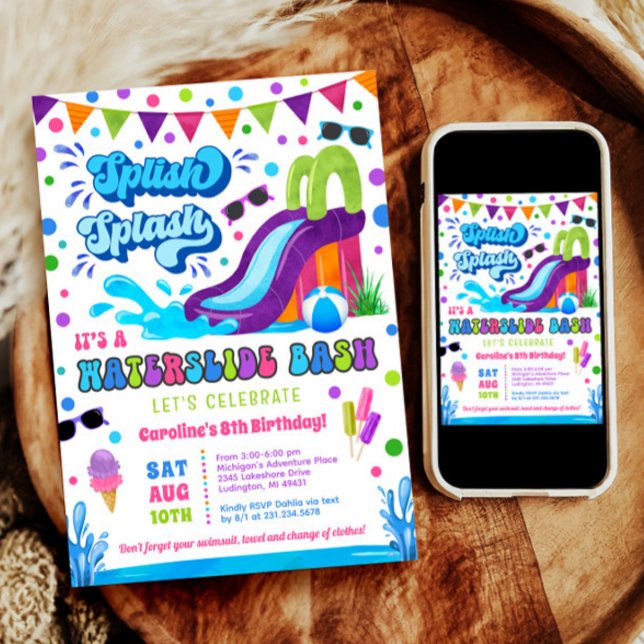 Spanska Stänk Waterdiag Bash Girl Birthday Inbjudningar (Splish Splash Waterslide Bash Girl Birthday Invitation)