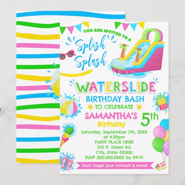Spanska Stänk Waterdiag Birthday Rosa Bassäng Part Inbjudningar (Fram/baksida)