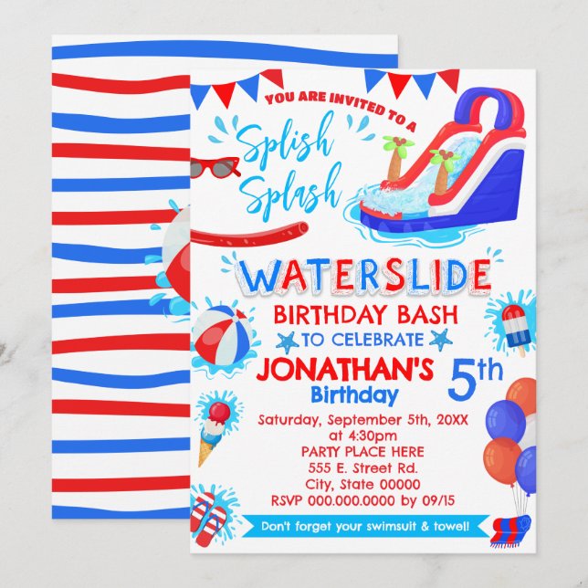 Spanska Stänk Waterdiag Birthday Rött vitt blått Inbjudningar (Fram/baksida)