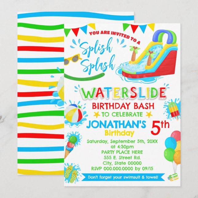 Spanska Stänk Waterlag Birthday Primary Färg Inbjudningar (Fram/baksida)