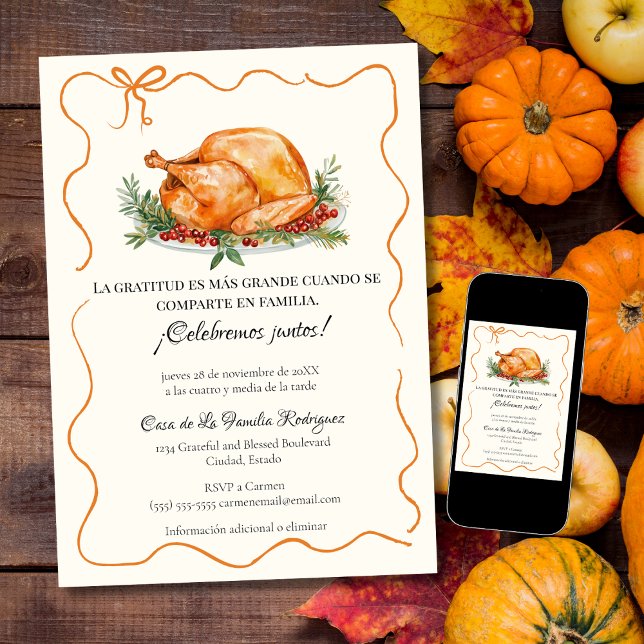 Spanska Thanksgivingen Rostad Turkey Orange Bow Inbjudningar (Skapare uppladdad)