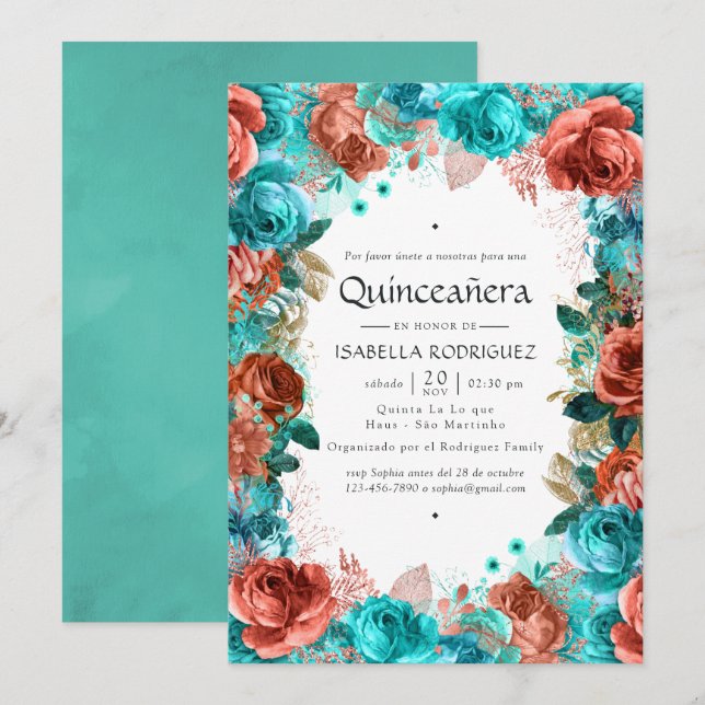 Spanska Turkos- och Coral-Blommigten Quinceañera Inbjudningar (Fram/baksida)
