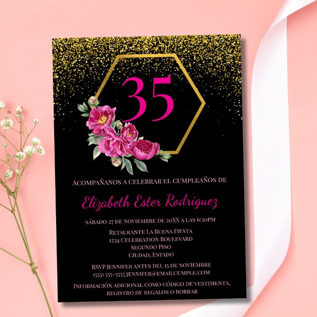 Spanska vackra Svarta Guld Rosa 35e födelsedag Inbjudningar (Skapare uppladdad)