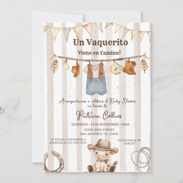 Spanska Vaquerito Cowboy Clothline Baby Shower Inbjudningar (Framsida)
