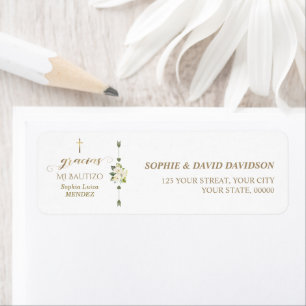 Spanska vitblommor Gracias Calligraphy Bautizo Returadress Etikett