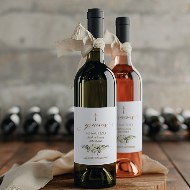 Spanska vitblommor Gracias Calligraphy Bautizo Vinflaska Etikett (Skapare uppladdad)