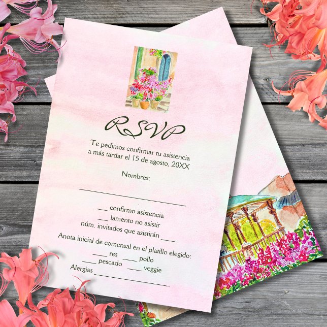 Spanska, Watercolor Blommigt Old Town Mexico OSA Kort (Skapare uppladdad)