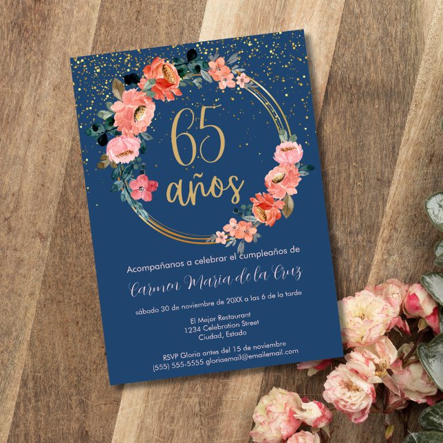 Spanskt Guld Blå Rosa Blommig 65-års Födelsedagsfe Inbjudningar (Skapare uppladdad)