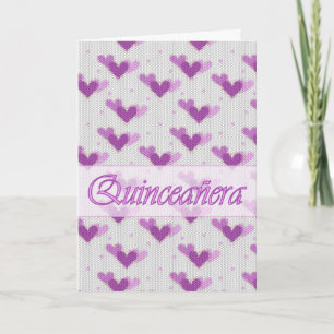 Spanskt Quinceanera rosa purpurfärgat hjärtakort Inbjudan