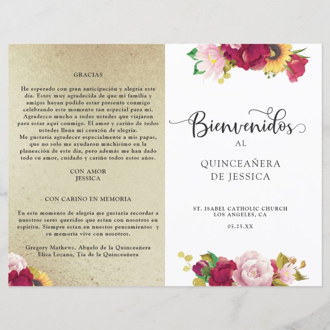 Spanskt Rött Gult Blommigt Quinceanera-program (Framsida)