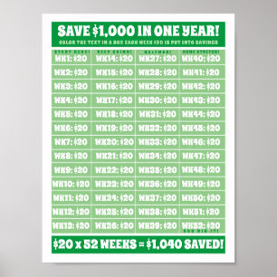 Spara 1000 dollar på ett år! Money Goals Coloring Poster