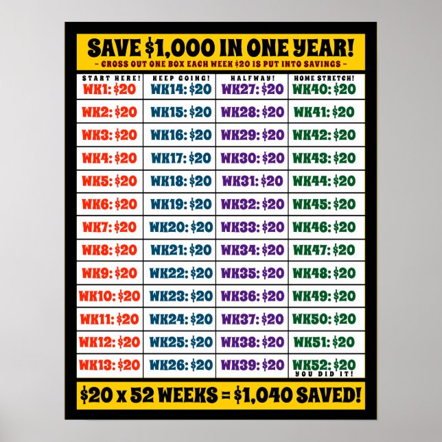 Spara 1000 dollar på ett år! Penningmål Poster (Framsidan)