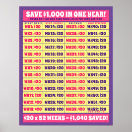 Spara 1000 dollar på ett år! Penningmål Rosa och L Poster