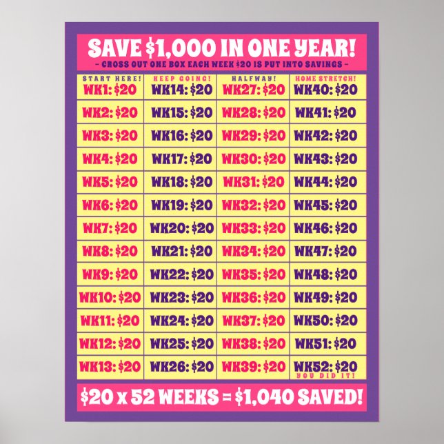 Spara 1000 dollar på ett år! Penningmål Rosa och L Poster (Framsidan)