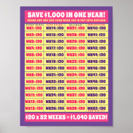 Spara 1000 dollar på ett år! Penningmål Rosa och L Poster