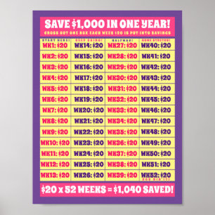 Spara 1000 dollar på ett år! Penningmål Rosa och L Poster