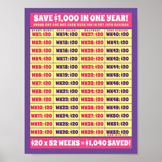 Spara 1000 dollar på ett år! Penningmål Rosa och L Poster (Framsidan)