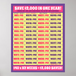 Spara 2 000 dollar på ett år! Penningmål Rosa och  Poster