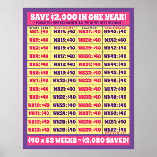 Spara 2 000 dollar på ett år! Penningmål Rosa och  Poster