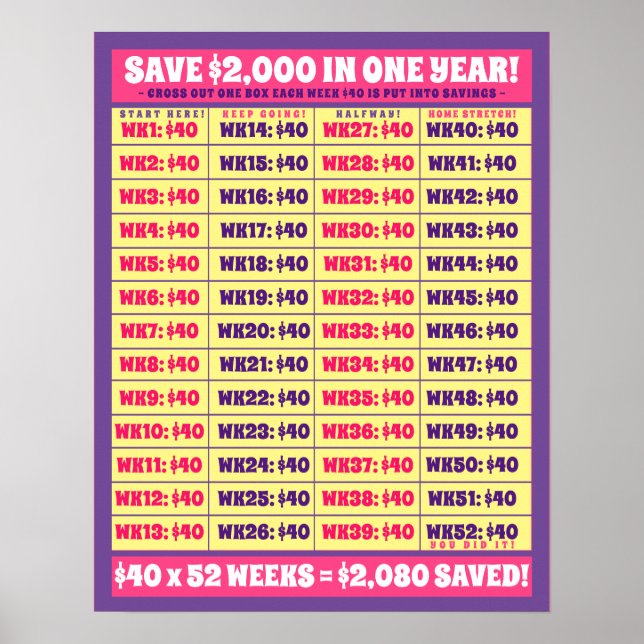Spara 2 000 dollar på ett år! Penningmål Rosa och  Poster (Framsidan)