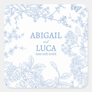Spara av Blue Chinoiserie Toile de Jouy Bröllop Fyrkantigt Klistermärke