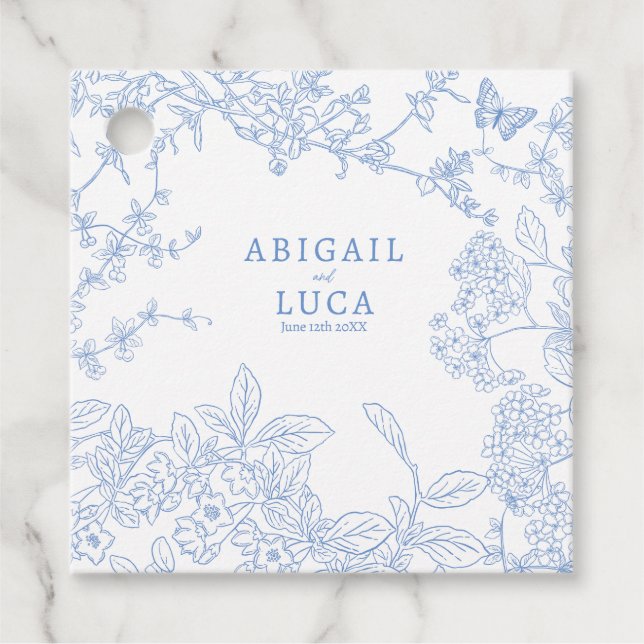 Spara av Blue Chinoiserie Toile de Jouy Bröllop Gåvor Etiketter (Framsida)