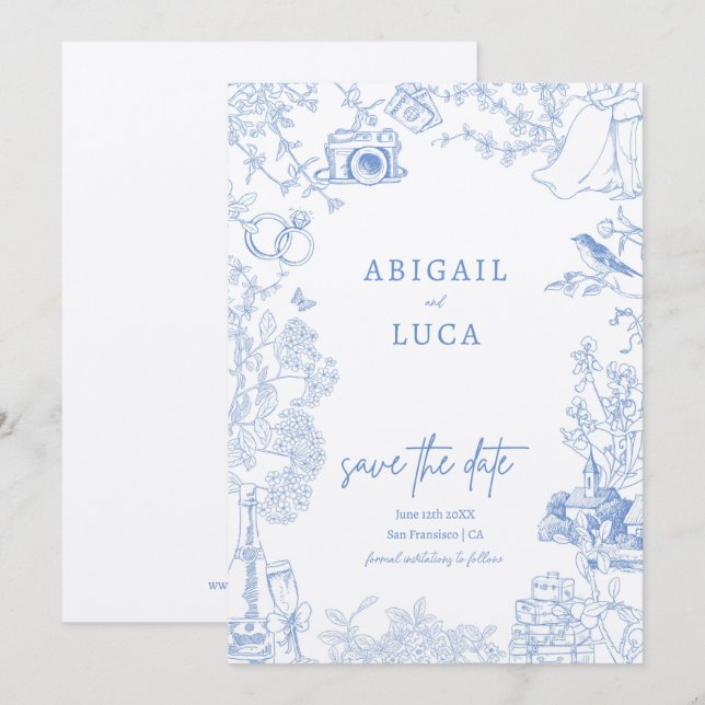 Spara av Blue Chinoiserie Toile de Jouy Bröllop Inbjudningar (Fram/baksida)