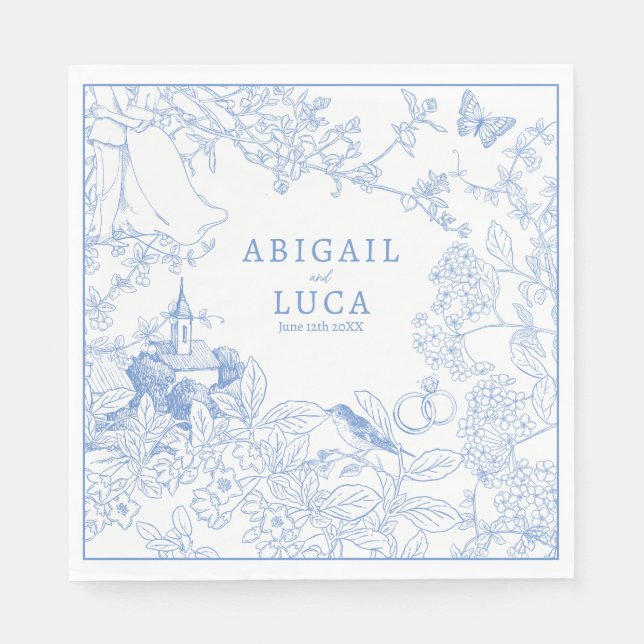 Spara av Blue Chinoiserie Toile de Jouy Bröllop Pappersservett (Framsidan)