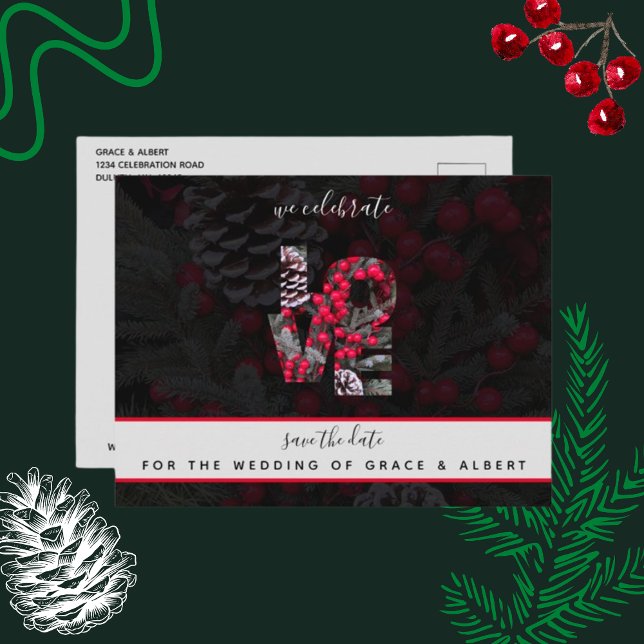 Spara av Pinecone Evergreen Red Berries Bröllop Da Vykort (Skapare uppladdad)