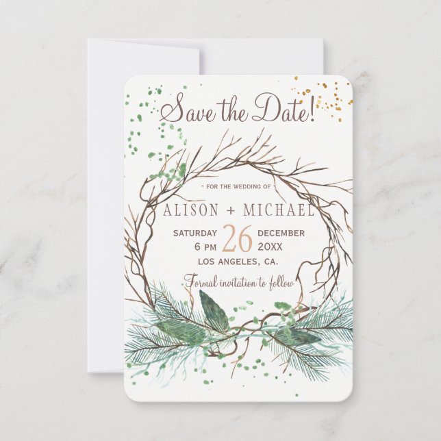 Spara av rustiska vinterkrans vid chic bröllop spara datumet (Framsida)